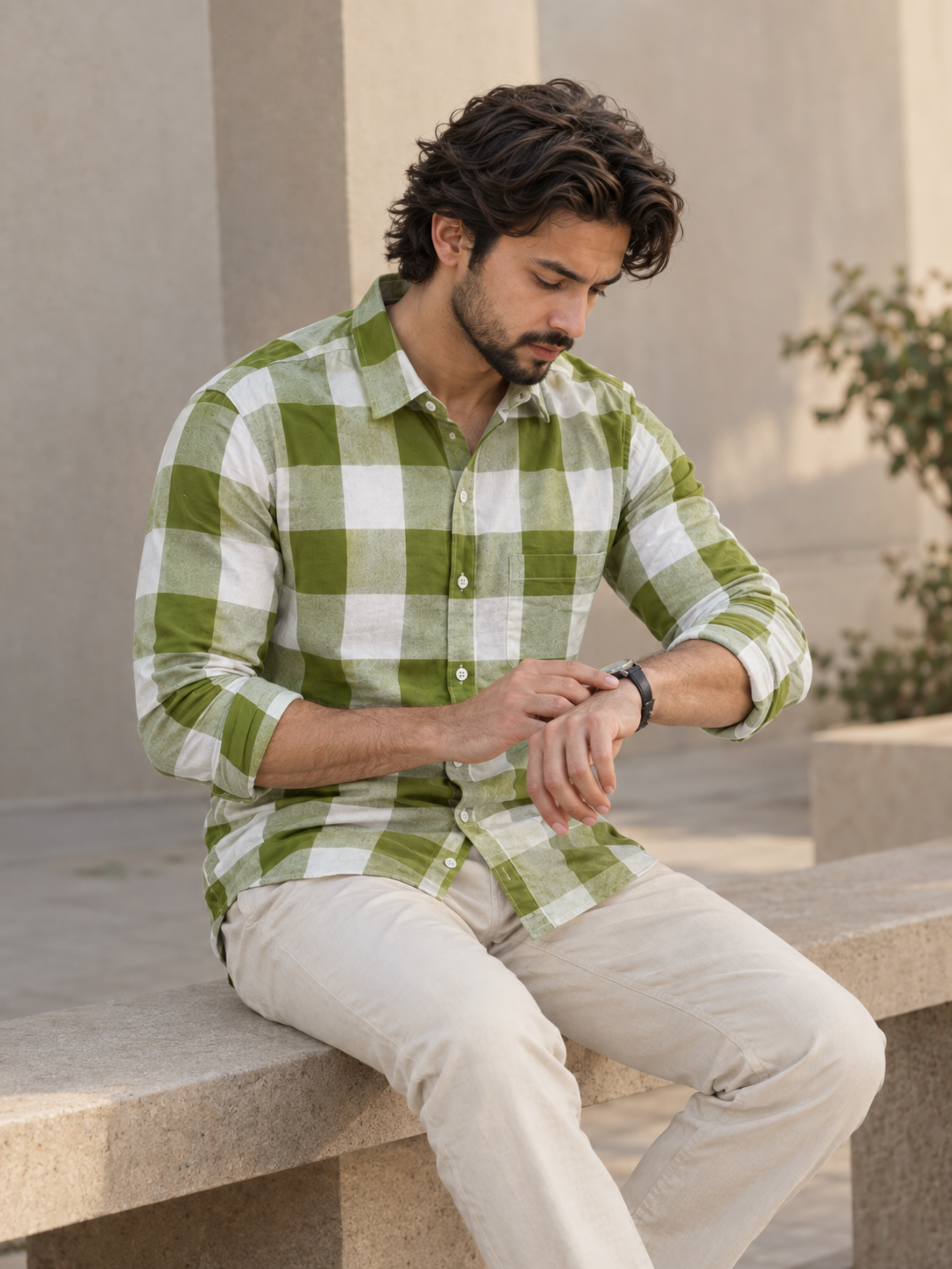 Olive Green Checked Rayon Shirt