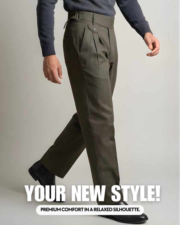 Men’s Olive Green Gorkha Pants – 100% Cotton, Classic Straight Fit with Side Button Flap