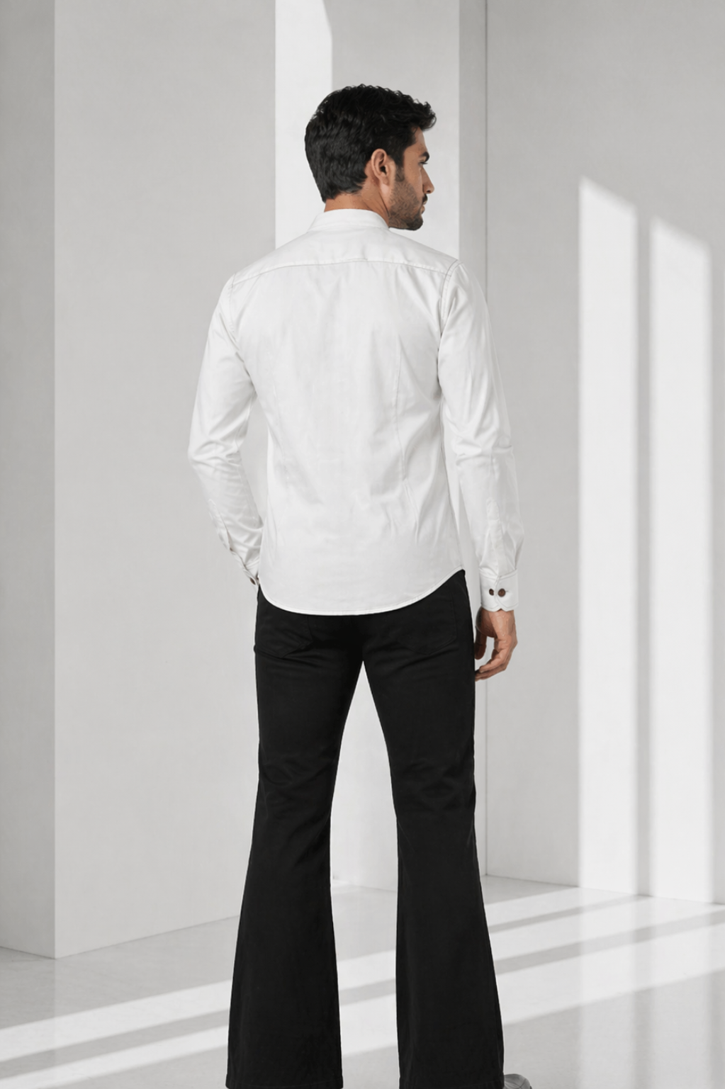 Men’s White Cotton Lycra Mandarin Collar Shirt – Premium Stretch Fit Essential