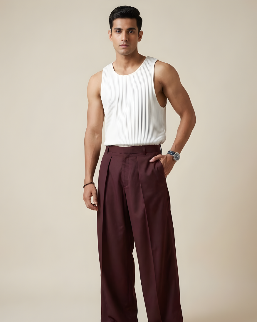 Korean-Style Loose Fit Pleated Wine Colour Pant