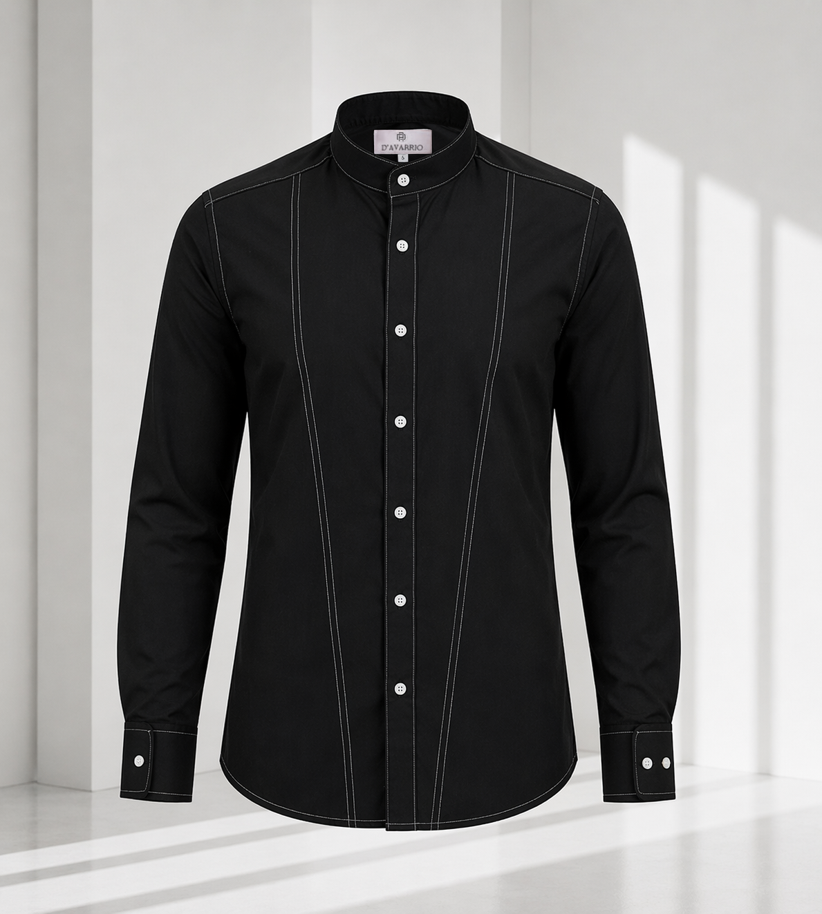 Men’s Black Cotton Lycra Mandarin Collar Shirt – Premium Stretch Fit Essential