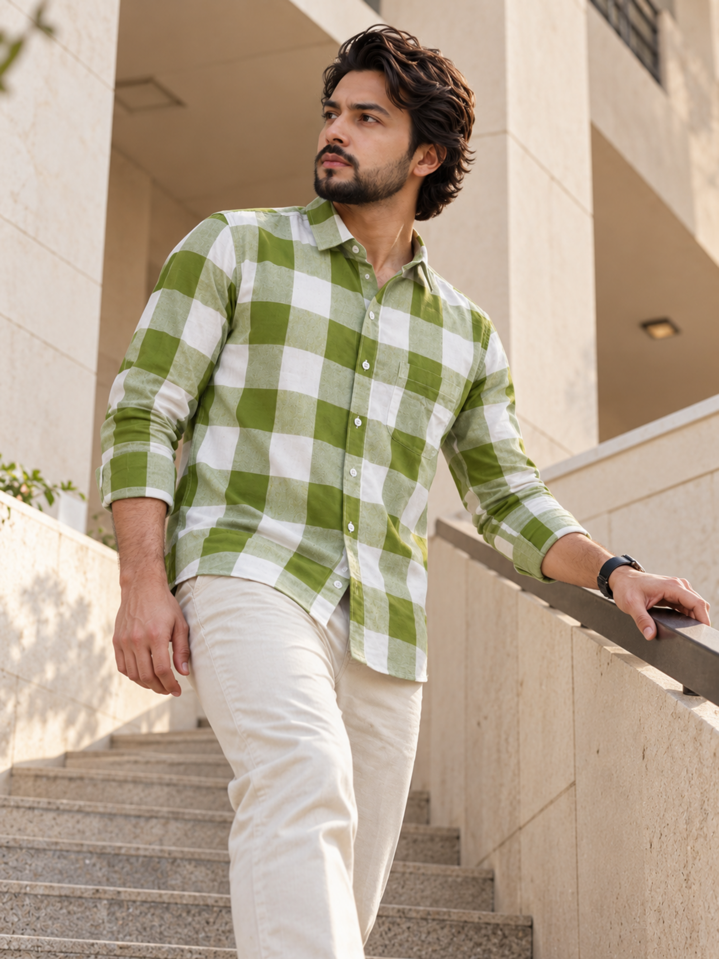 Olive Green Checked Rayon Shirt
