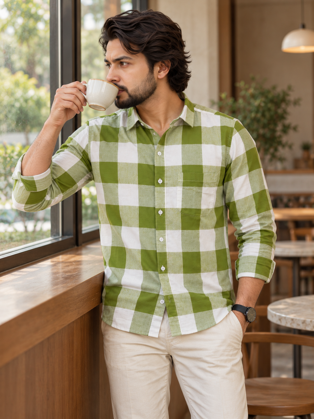 Olive Green Checked Rayon Shirt