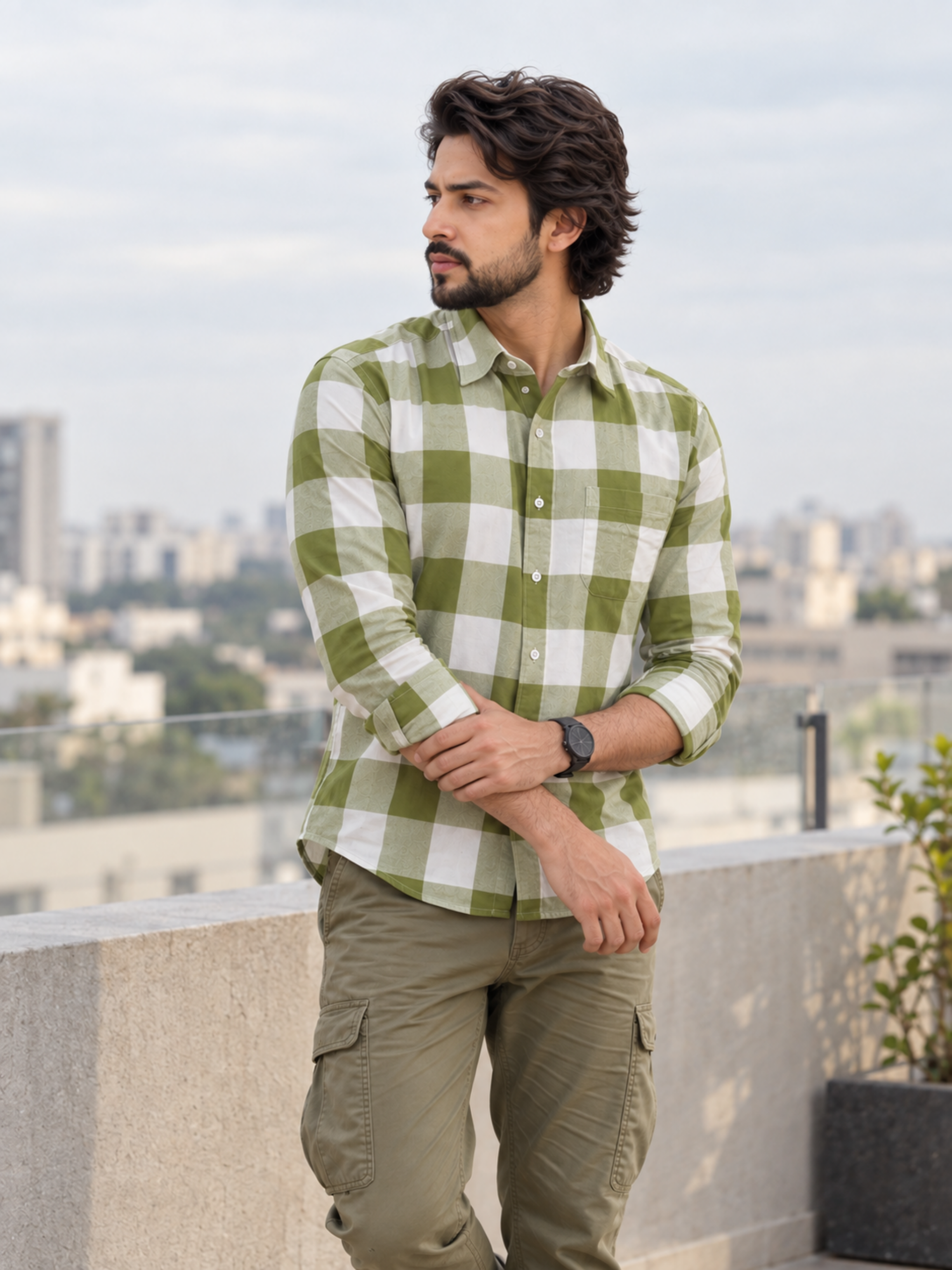 Olive Green Checked Rayon Shirt