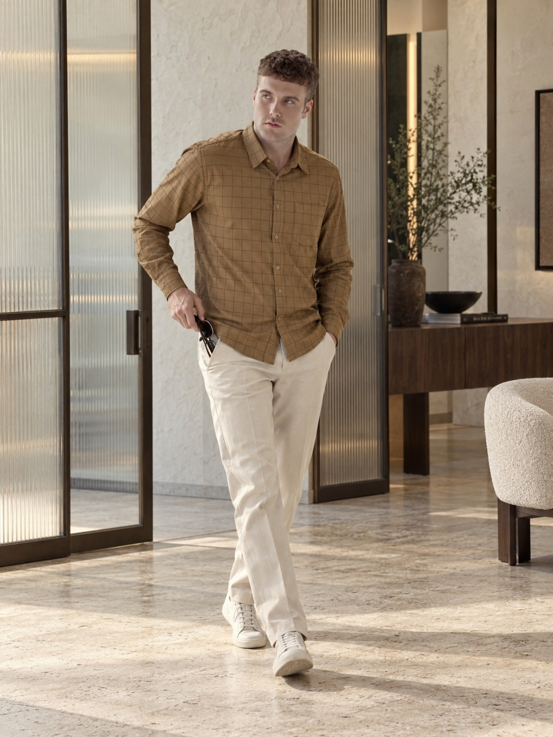 Mocha Brown Checked Pure Cotton Shirt