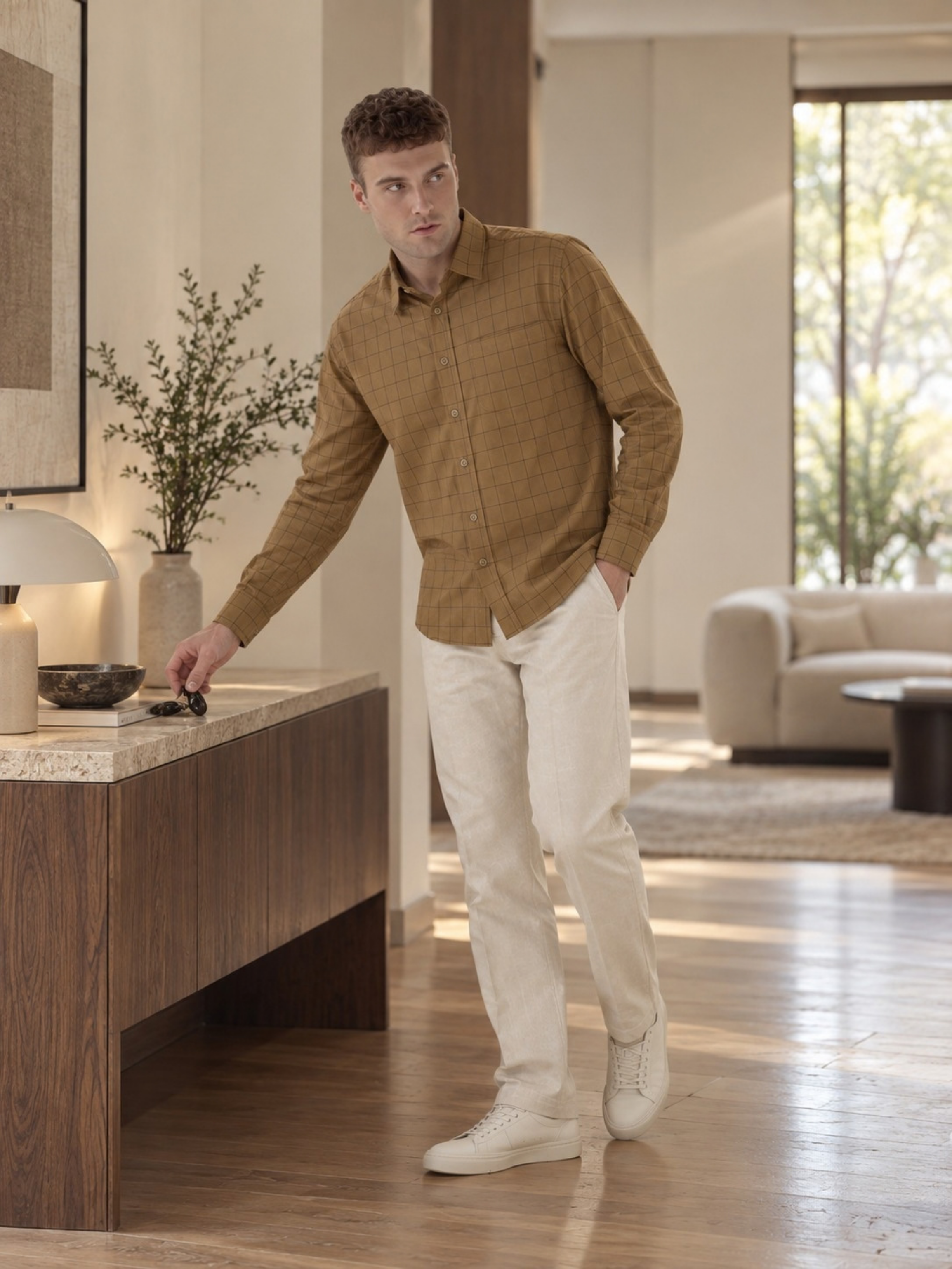 Mocha Brown Checked Pure Cotton Shirt