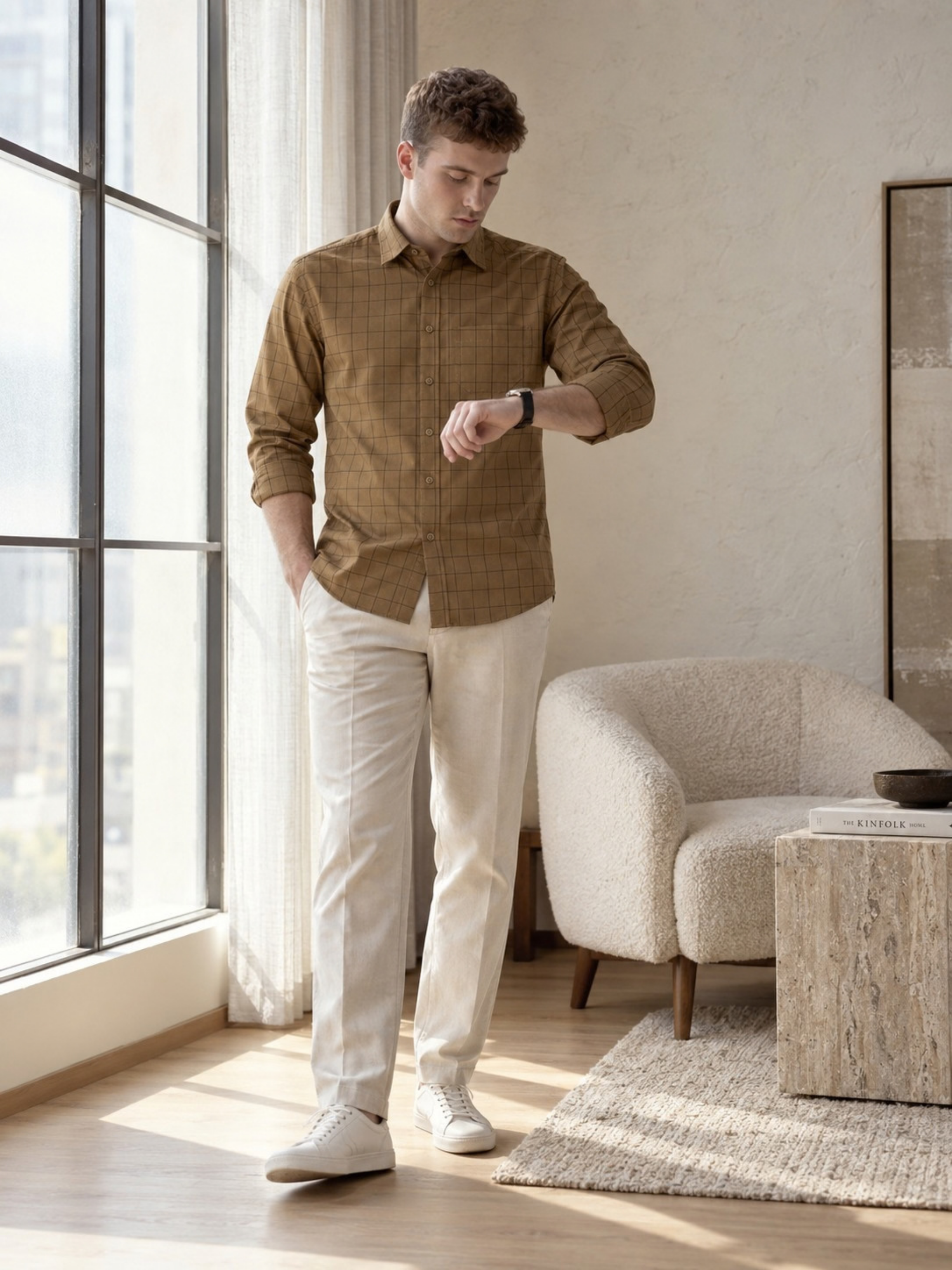 Mocha Brown Checked Pure Cotton Shirt