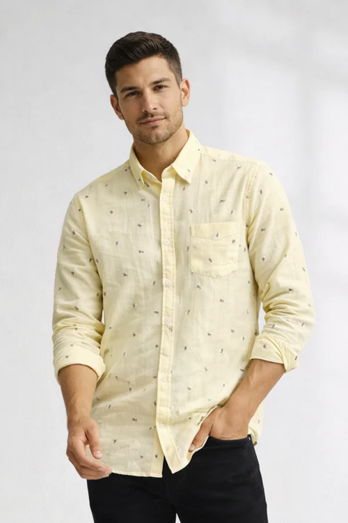Men’s Light Yellow Honey Bee Double Gauze Cotton Shirt – Premium Summer Essential