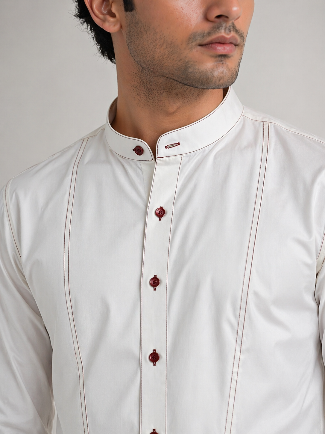 Men’s White Cotton Lycra Mandarin Collar Shirt – Premium Stretch Fit Essential