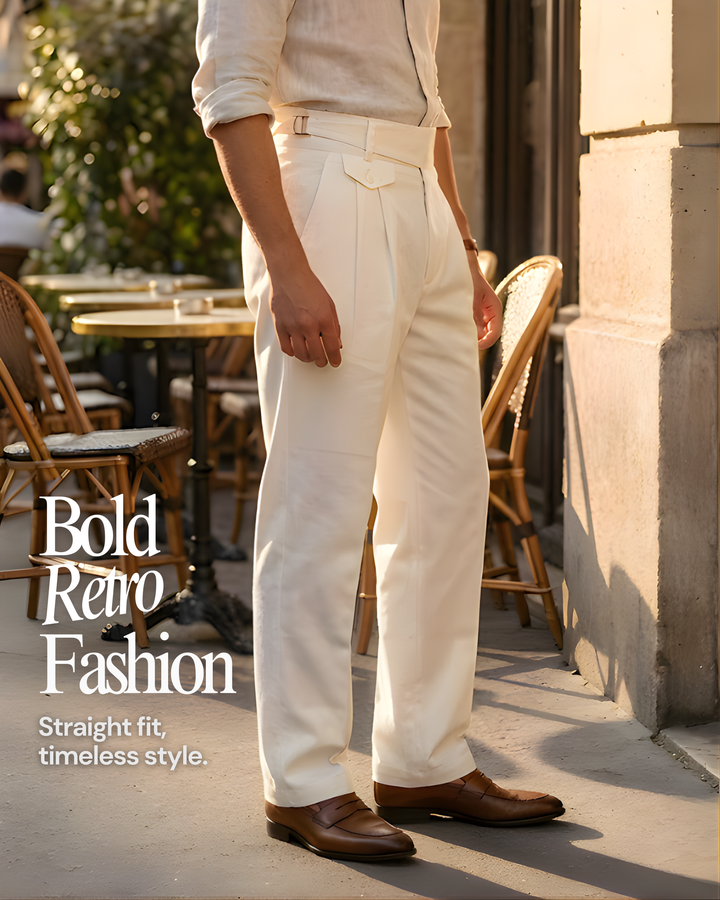 Men’s White Gorkha Pants – 100% Cotton, Premium Straight Fit with Side Button Flap