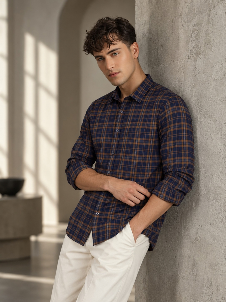 Navy Blue & Brown Checked Pure Cotton Shirt