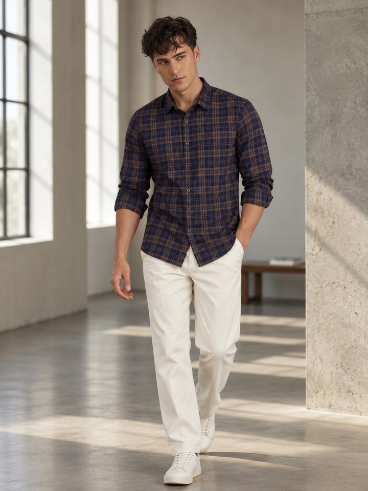 Navy Blue & Brown Checked Pure Cotton Shirt