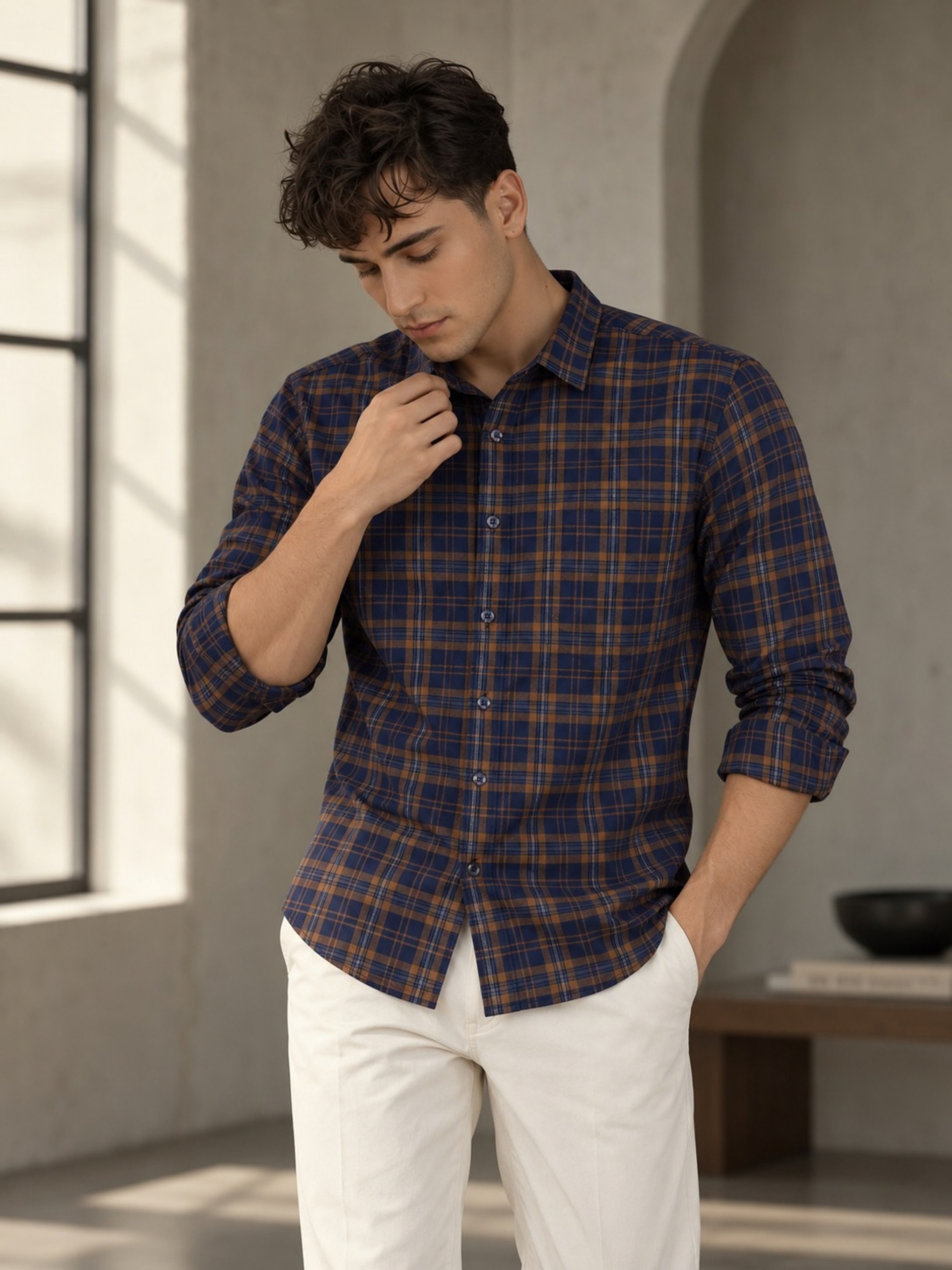 Navy Blue & Brown Checked Pure Cotton Shirt