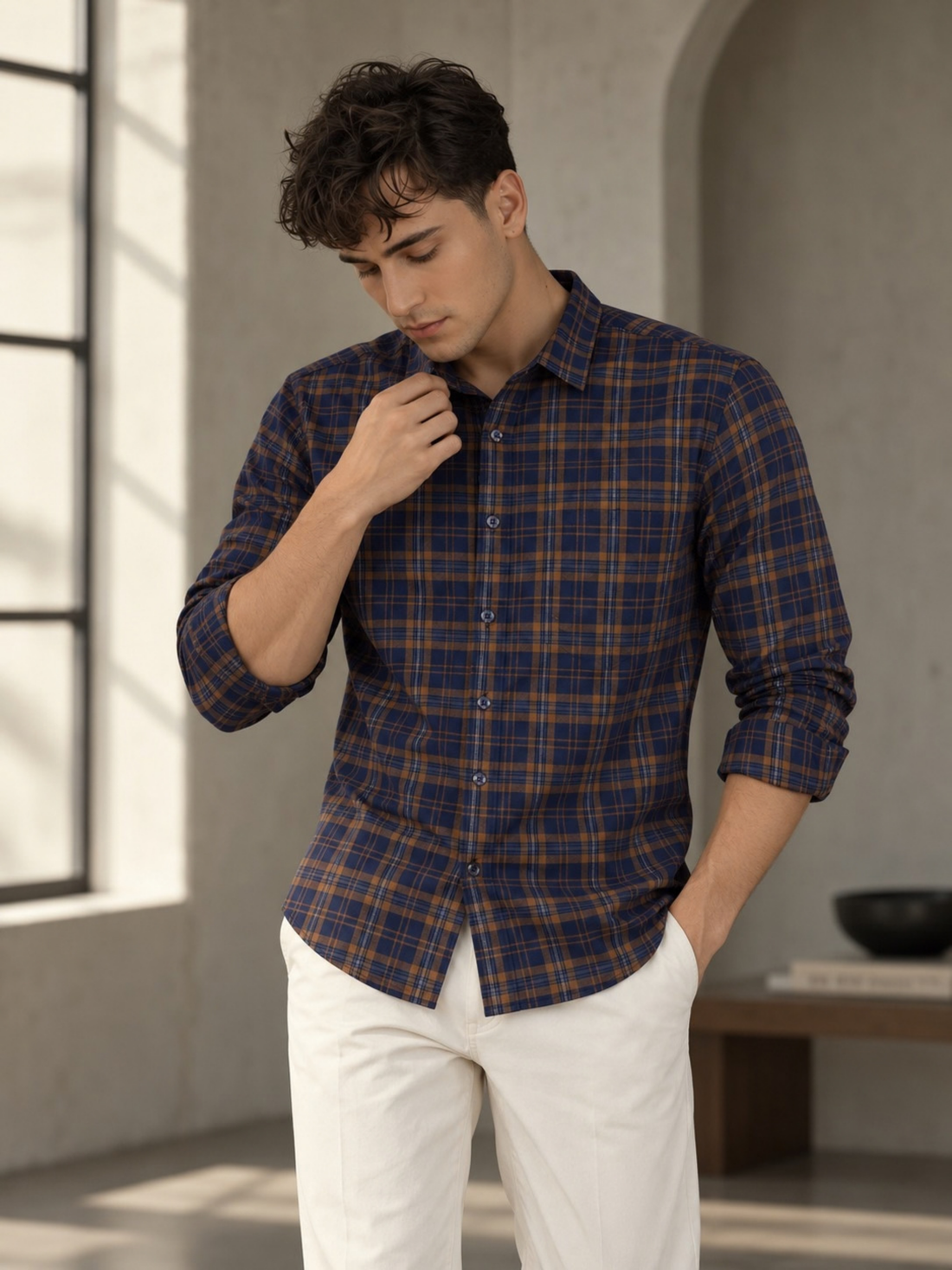 Navy Blue & Brown Checked Pure Cotton Shirt