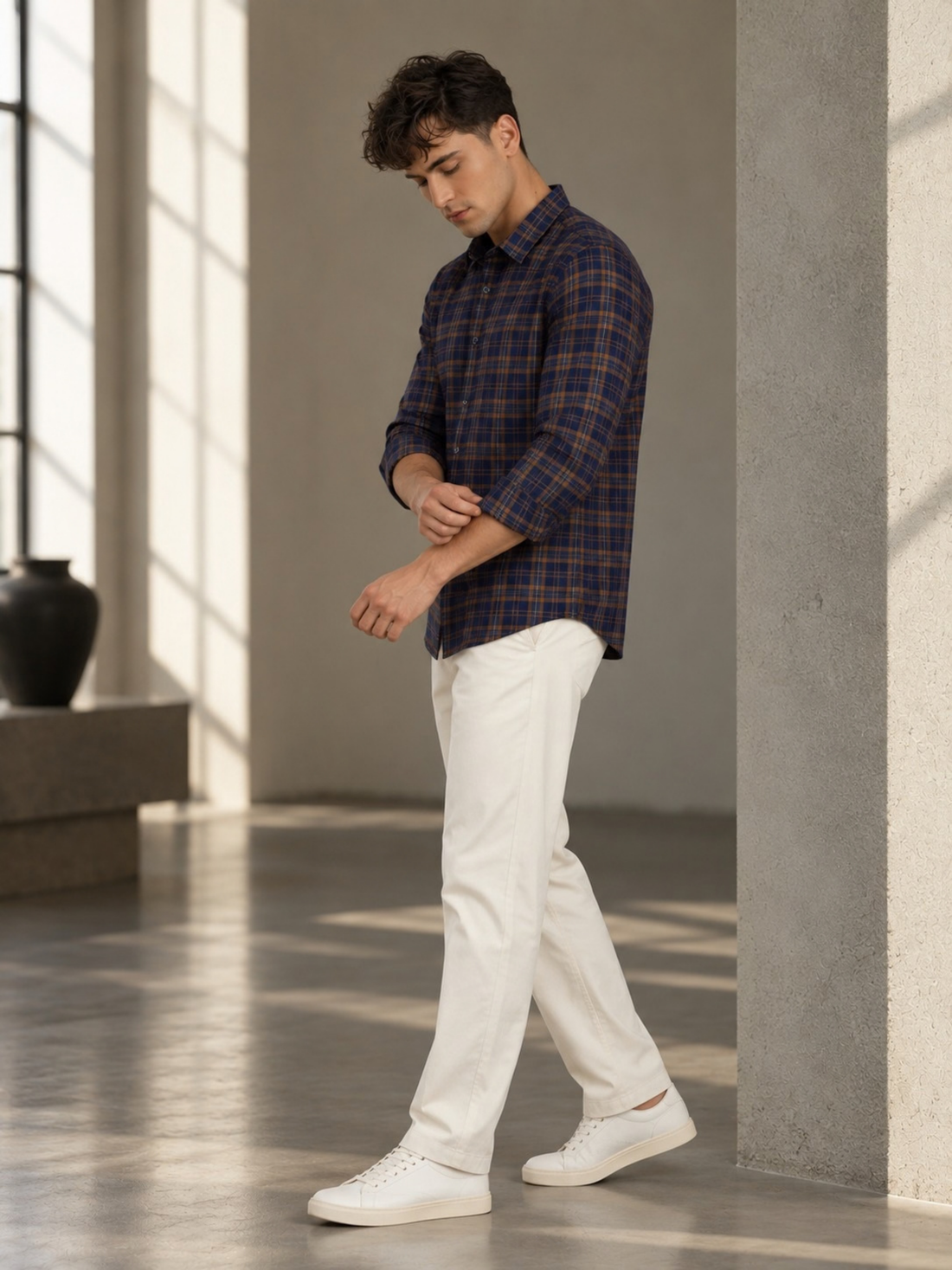 Navy Blue & Brown Checked Pure Cotton Shirt