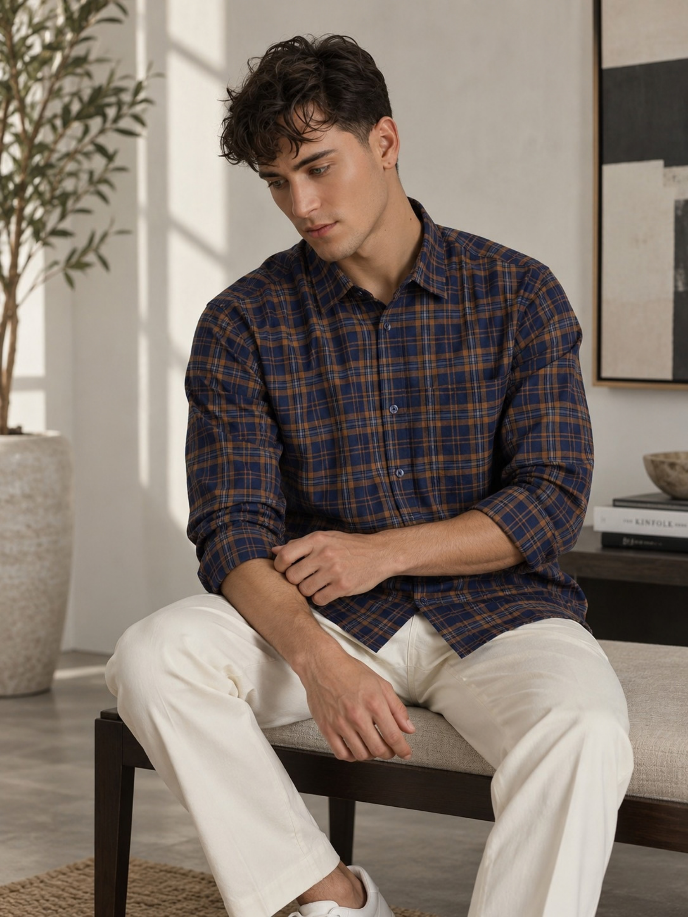 Navy Blue & Brown Checked Pure Cotton Shirt