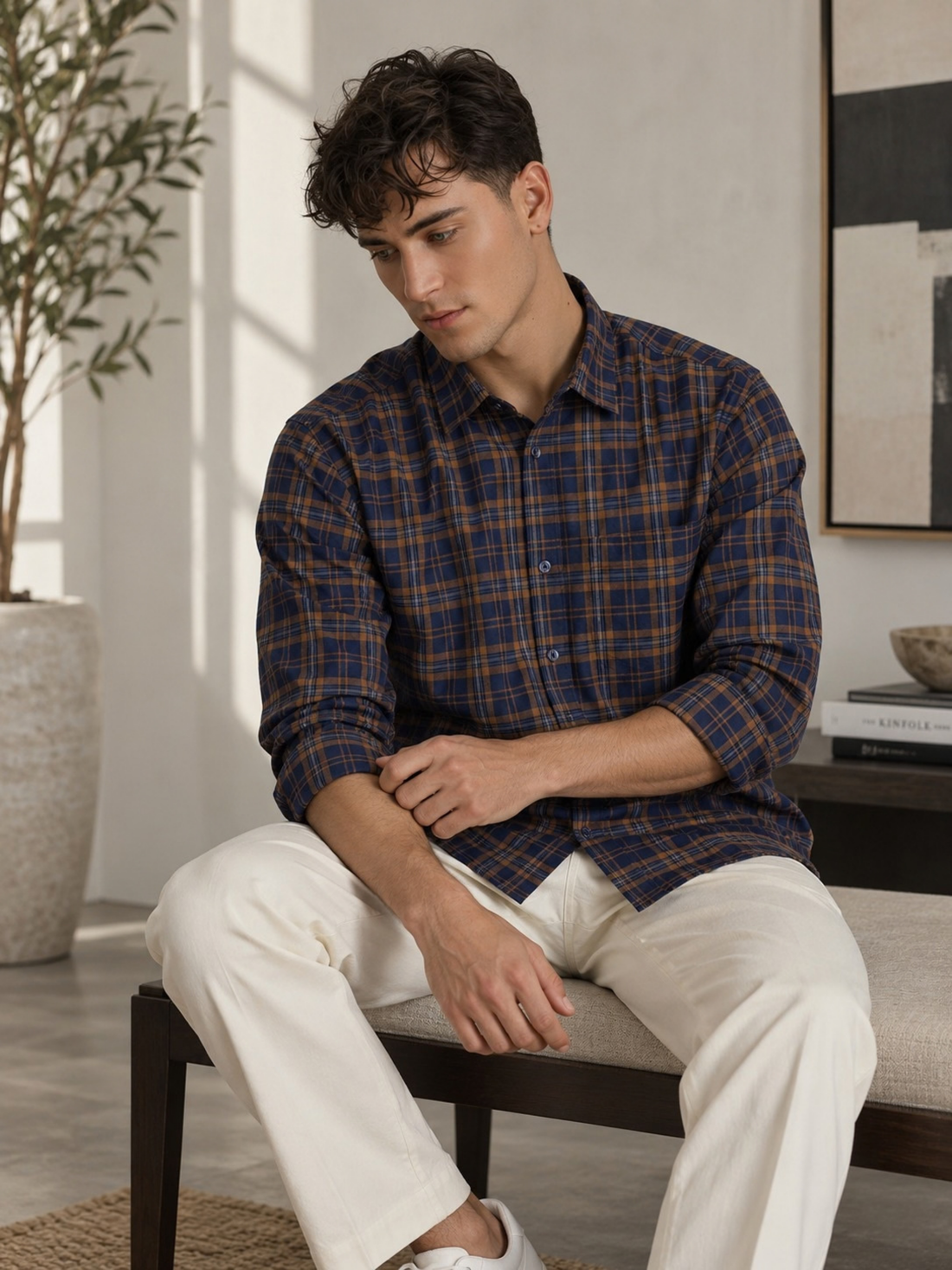 Navy Blue & Brown Checked Pure Cotton Shirt