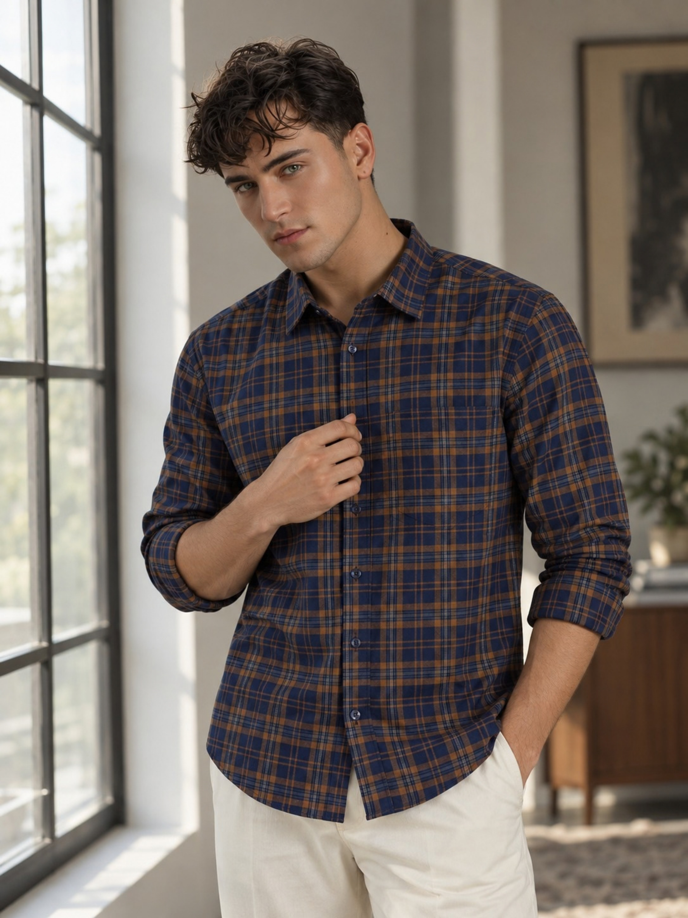 Navy Blue & Brown Checked Pure Cotton Shirt