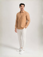 Men's Beige Solid Cotton-Linen Shirt