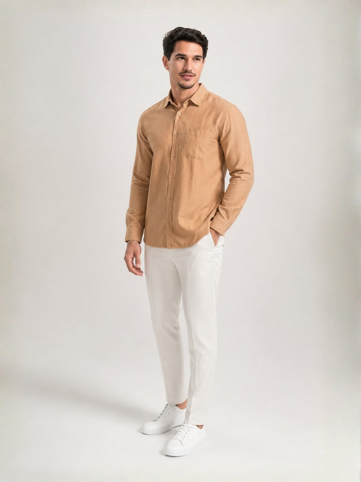 Men's Beige Solid Cotton-Linen Shirt