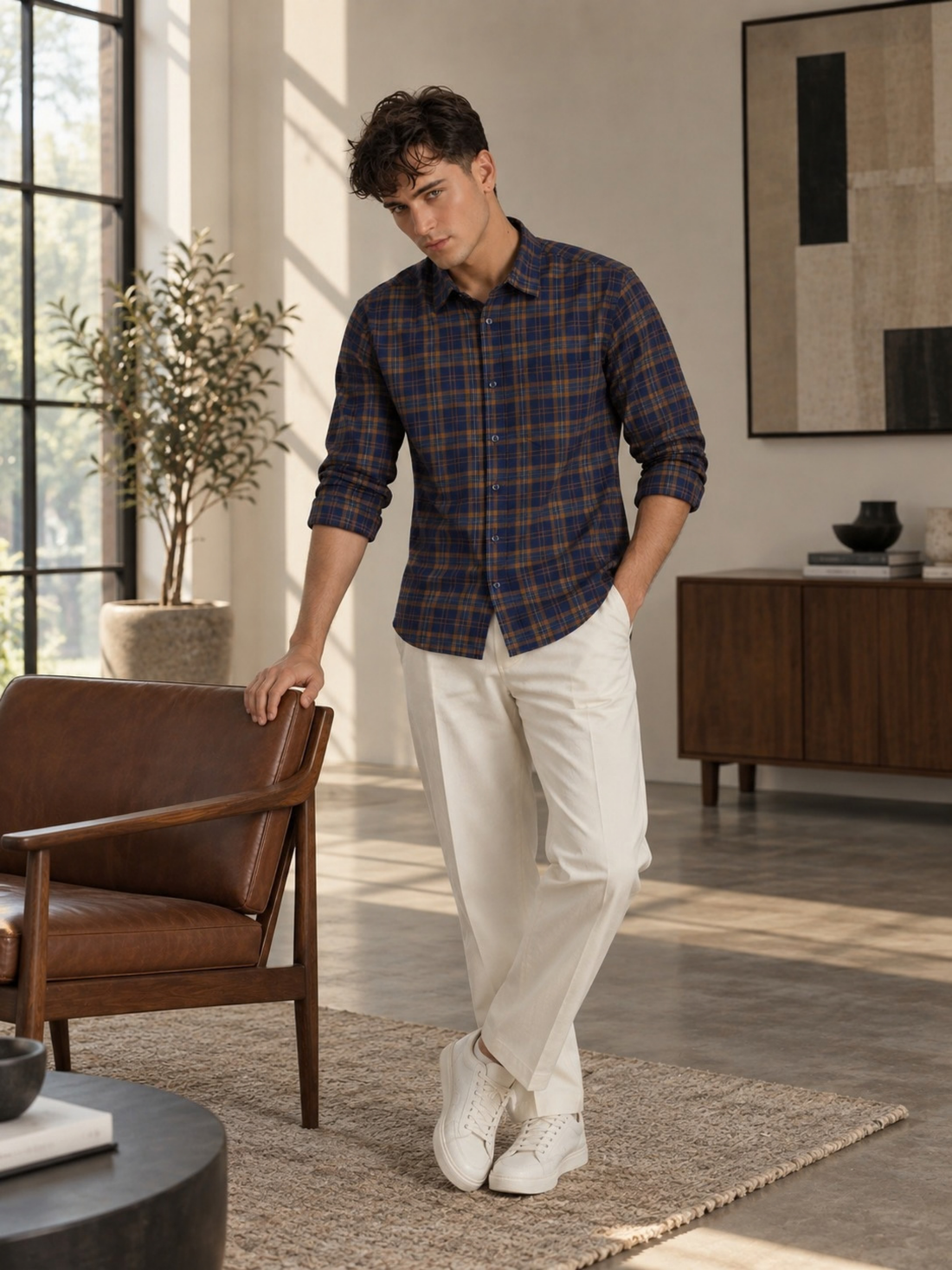 Navy Blue & Brown Checked Pure Cotton Shirt