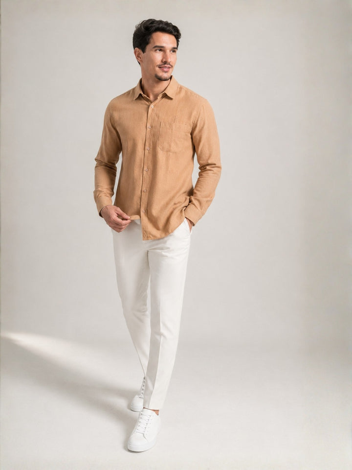 Men's Beige Solid Cotton-Linen Shirt