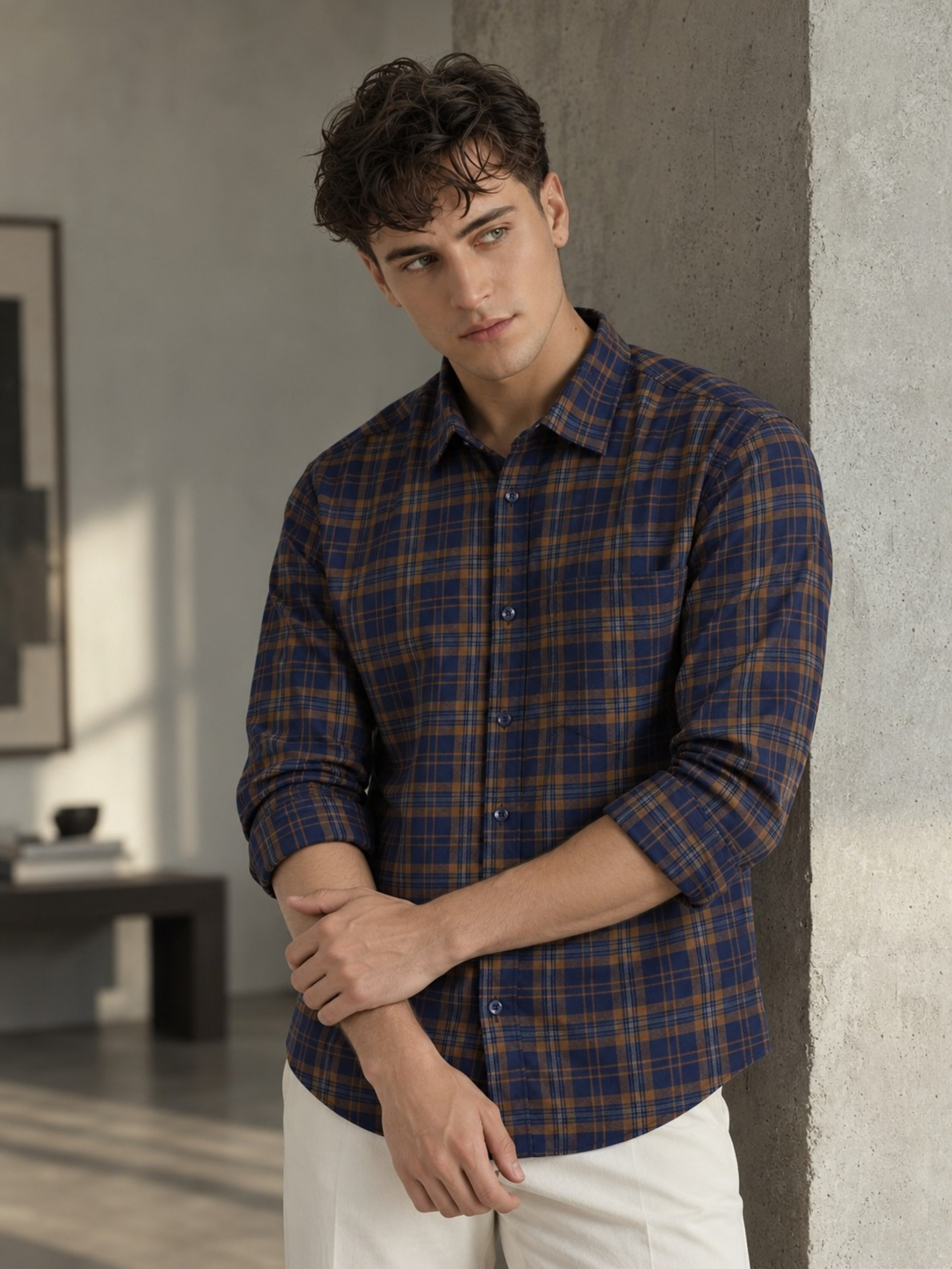 Navy Blue & Brown Checked Pure Cotton Shirt