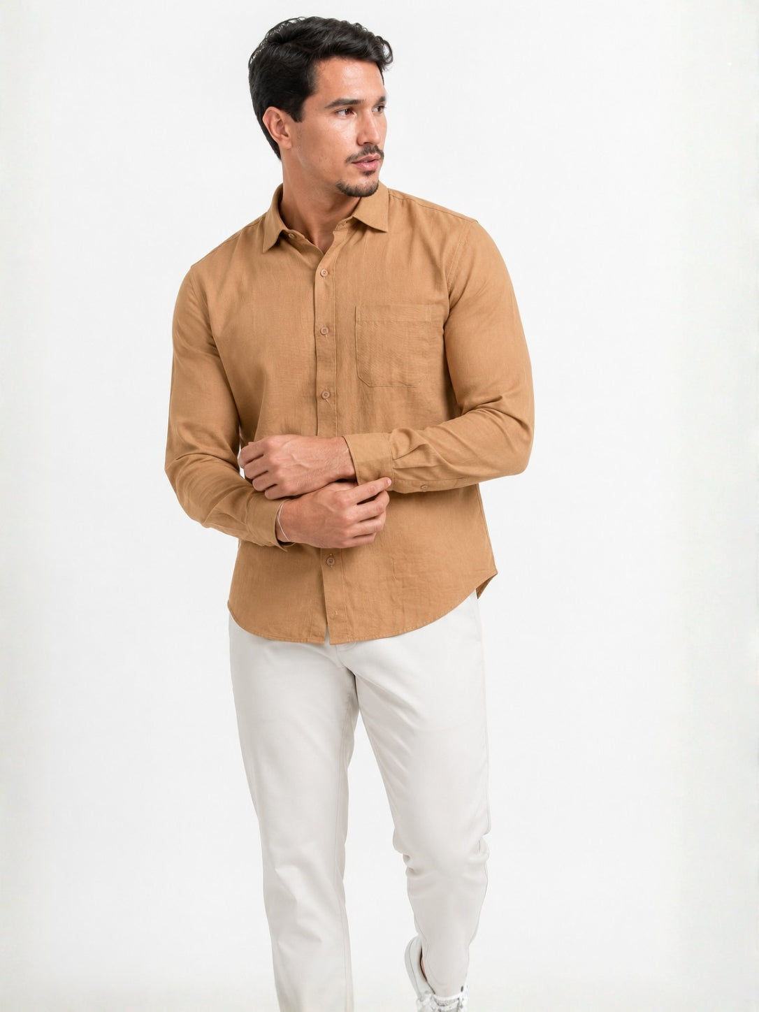 Men's Beige Solid Cotton-Linen Shirt