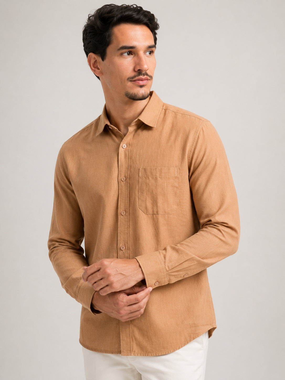 Men's Beige Solid Cotton-Linen Shirt