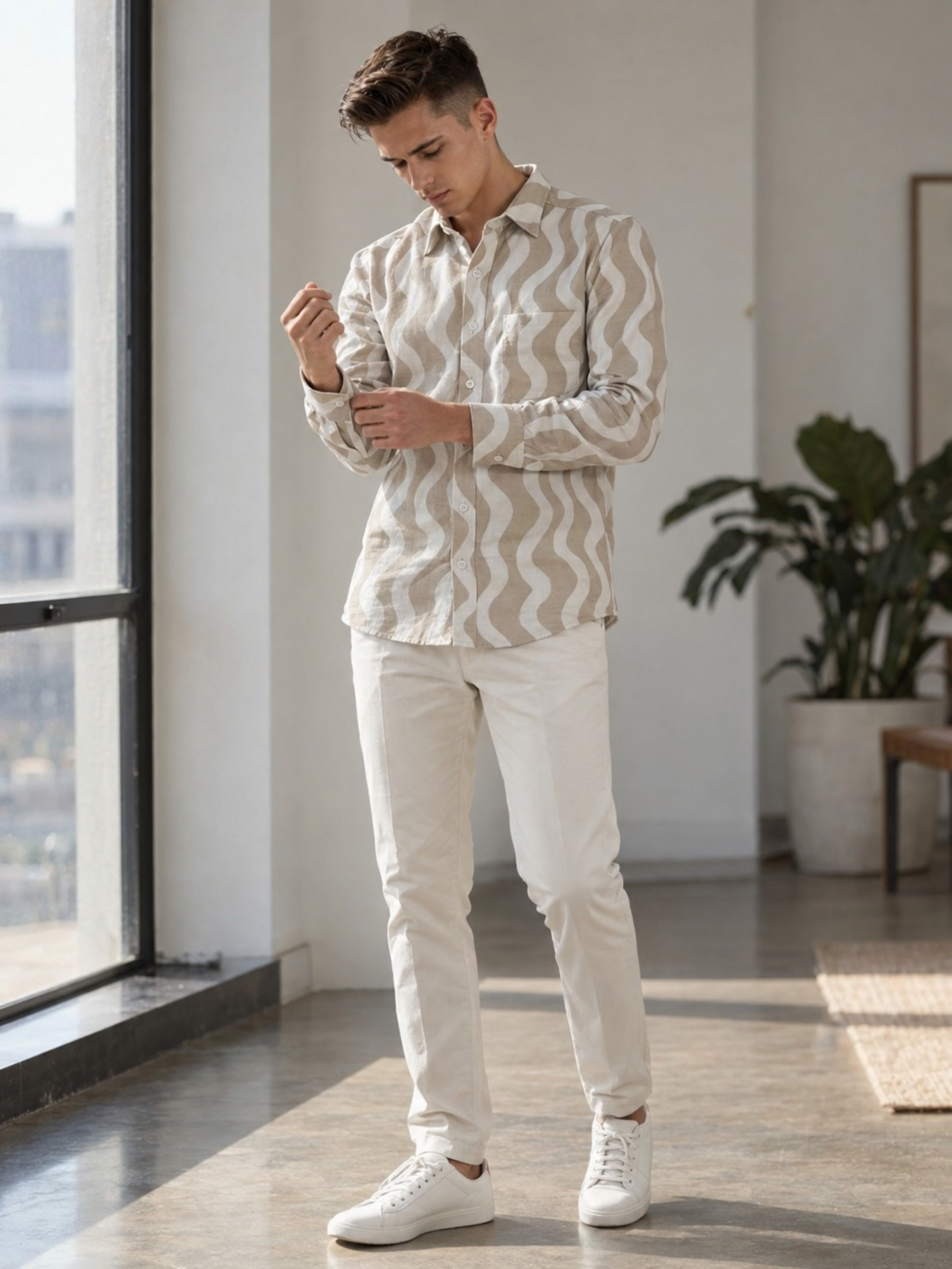 Ivory Wave Pattern Double Gauze Shirt