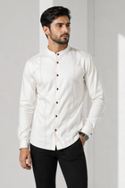 Men’s White Cotton Lycra Mandarin Collar Shirt – Premium Stretch Fit Essential