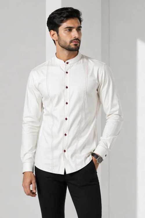 Men’s White Cotton Lycra Mandarin Collar Shirt – Premium Stretch Fit Essential