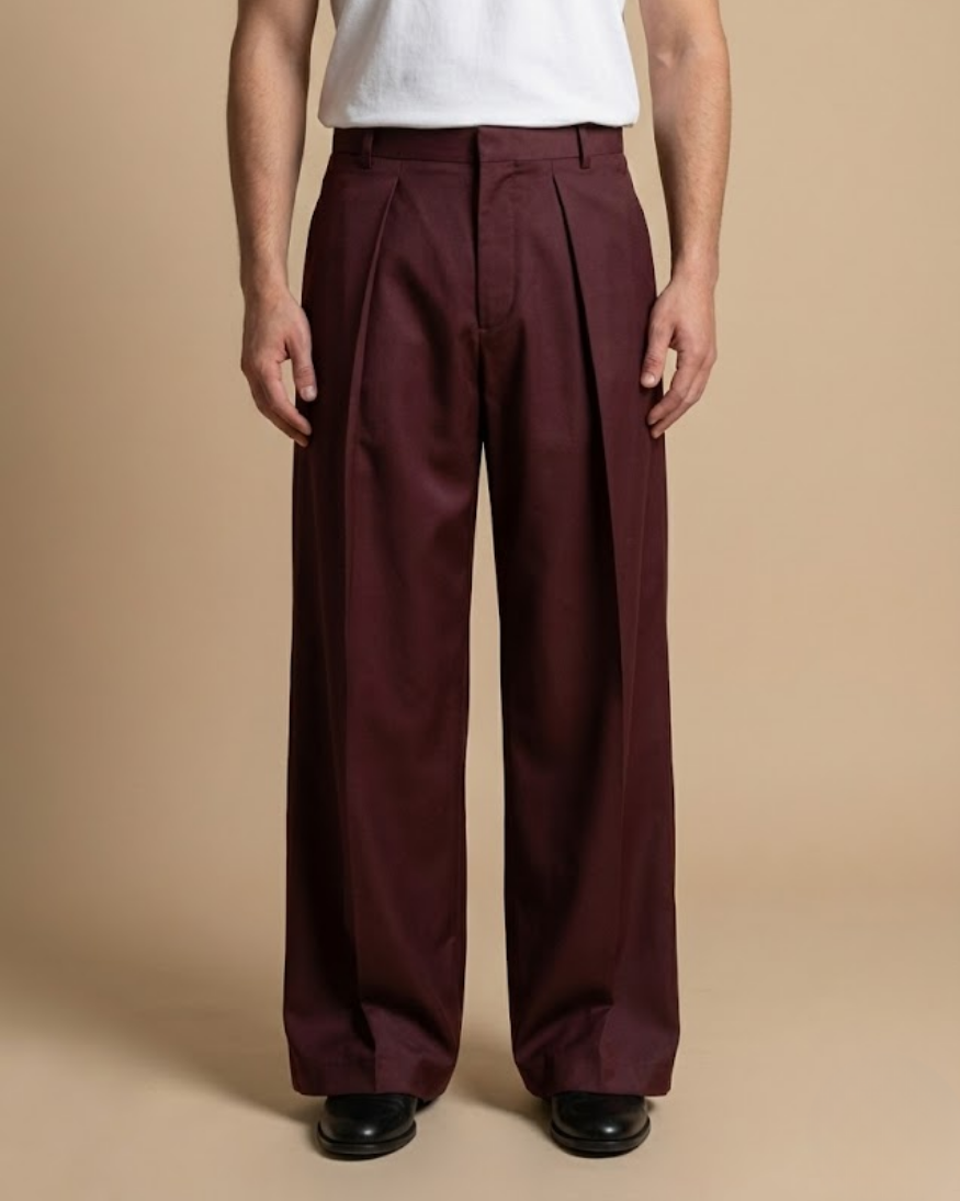 Korean-Style Loose Fit Pleated Wine Colour Pant