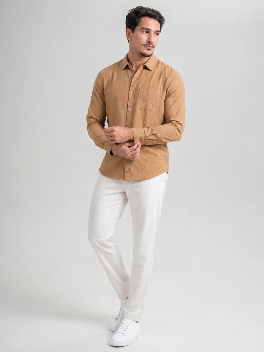 Men's Beige Solid Cotton-Linen Shirt