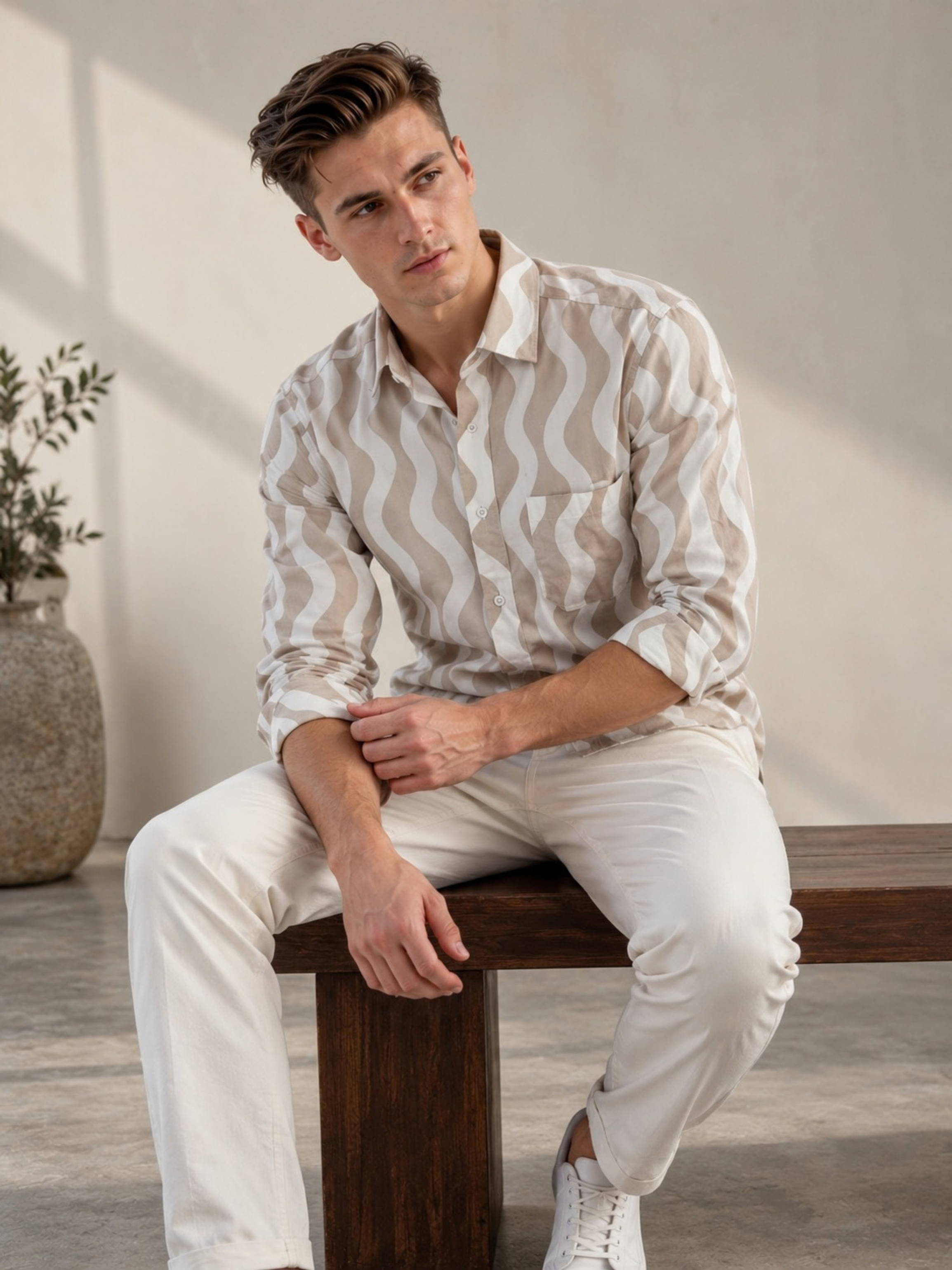 Ivory Wave Pattern Double Gauze Shirt