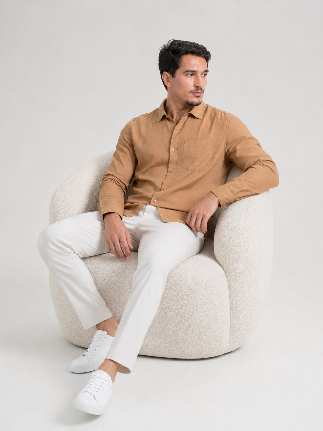 Men's Beige Solid Cotton-Linen Shirt