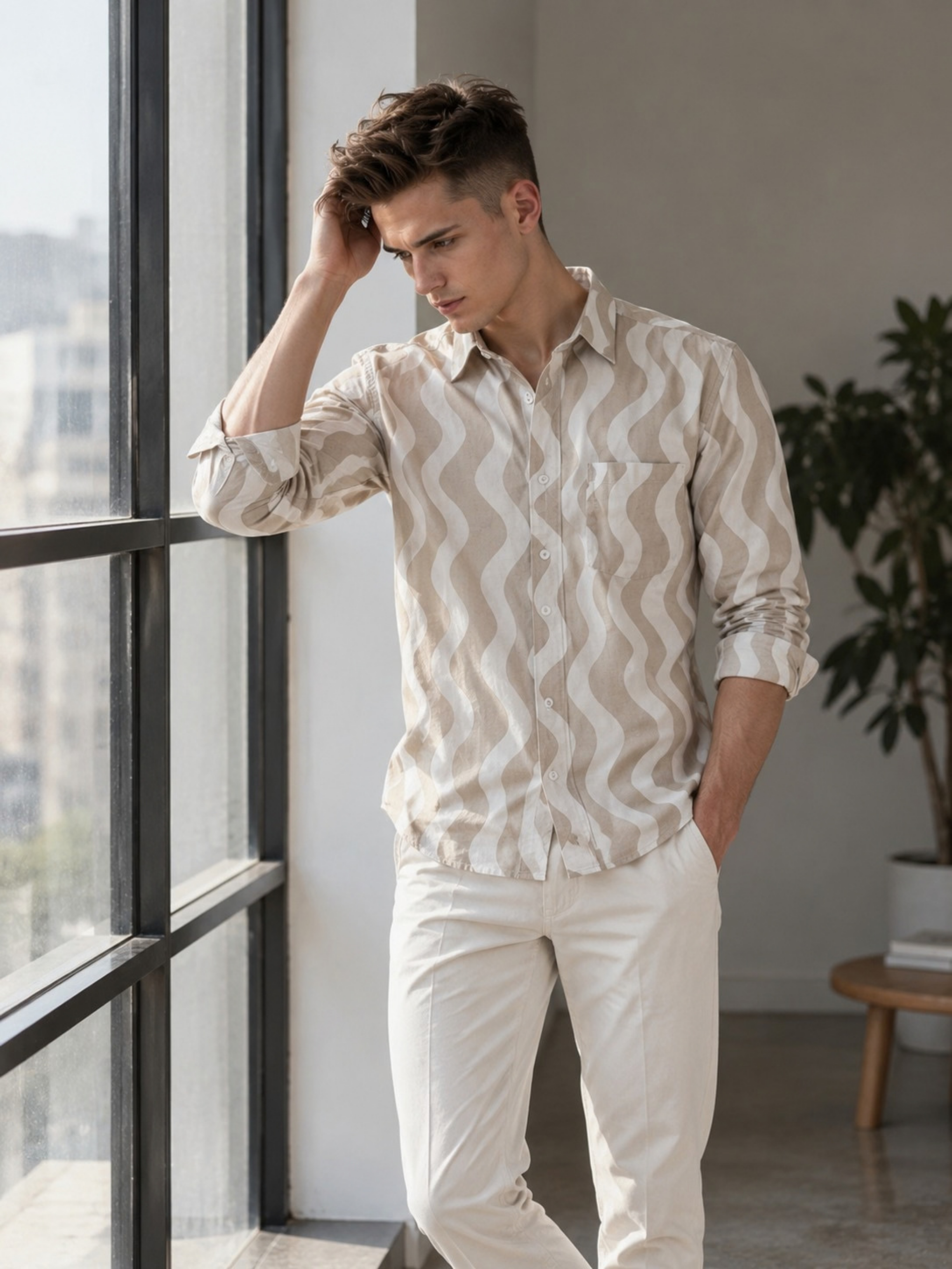 Ivory Wave Pattern Double Gauze Shirt