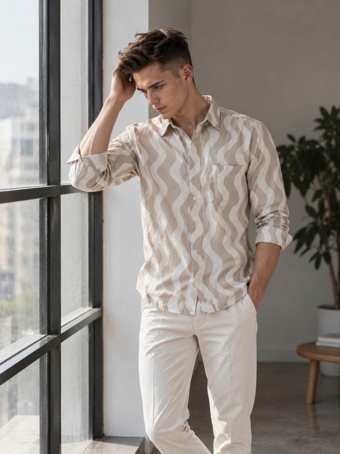 Ivory Wave Pattern Double Gauze Shirt