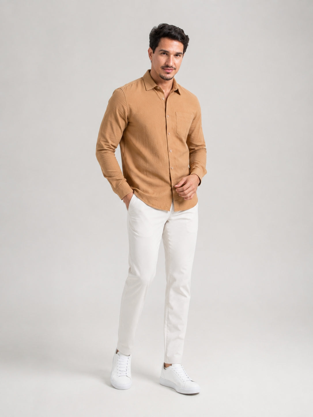 Men's Beige Solid Cotton-Linen Shirt