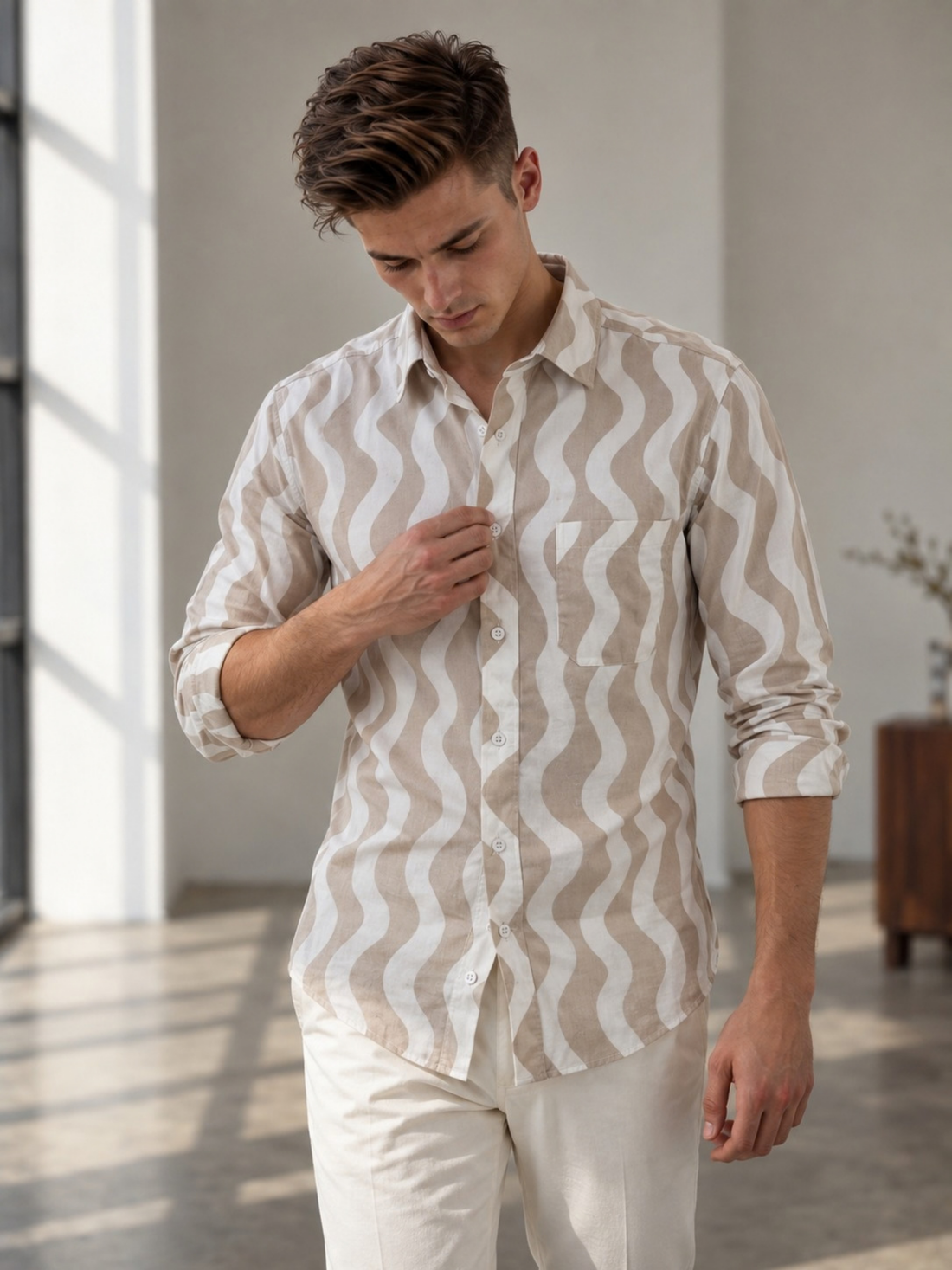 Ivory Wave Pattern Double Gauze Shirt