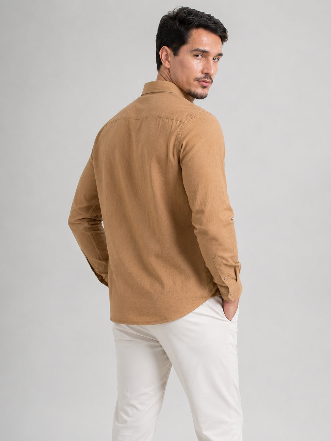 Men's Beige Solid Cotton-Linen Shirt