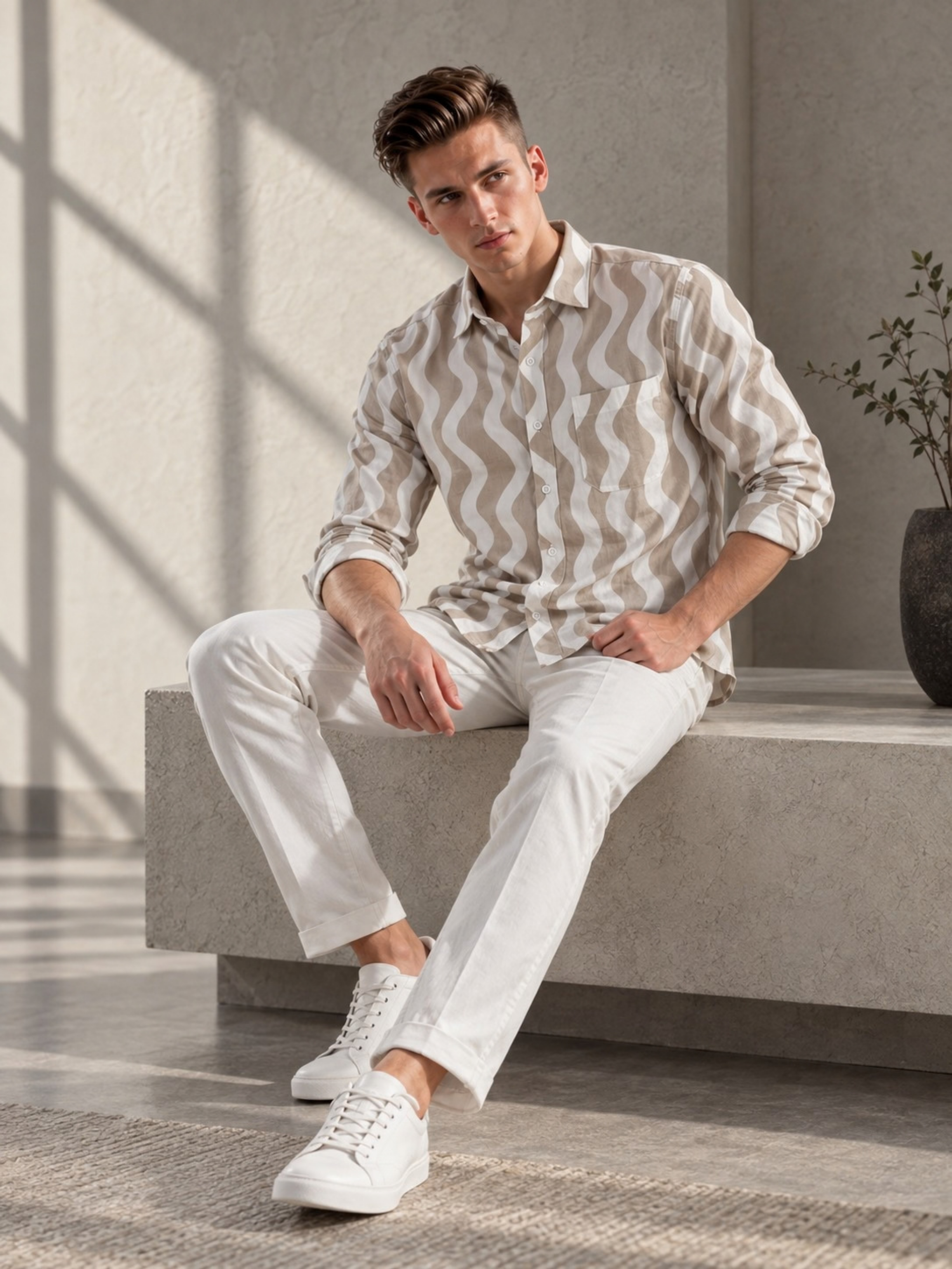 Ivory Wave Pattern Double Gauze Shirt