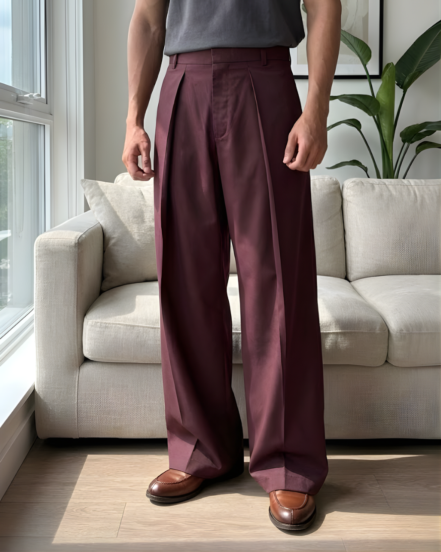 Korean-Style Loose Fit Pleated Wine Colour Pant