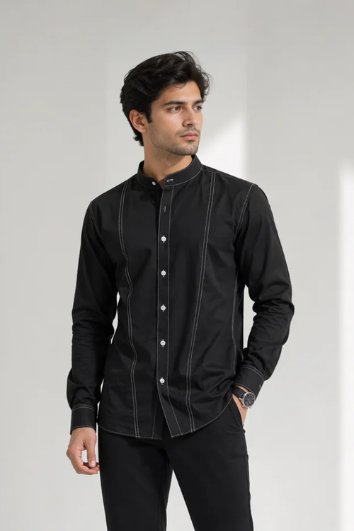 Men’s Black Cotton Lycra Mandarin Collar Shirt – Premium Stretch Fit Essential