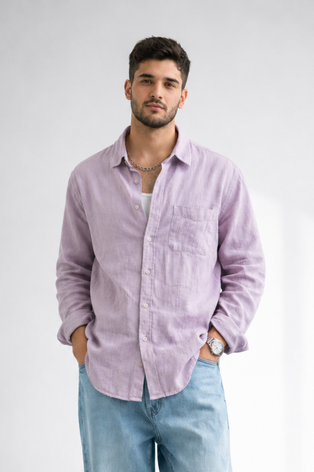 Men’s Lavender Double Gauze Cotton Shirt – Soft Premium Casual Essential