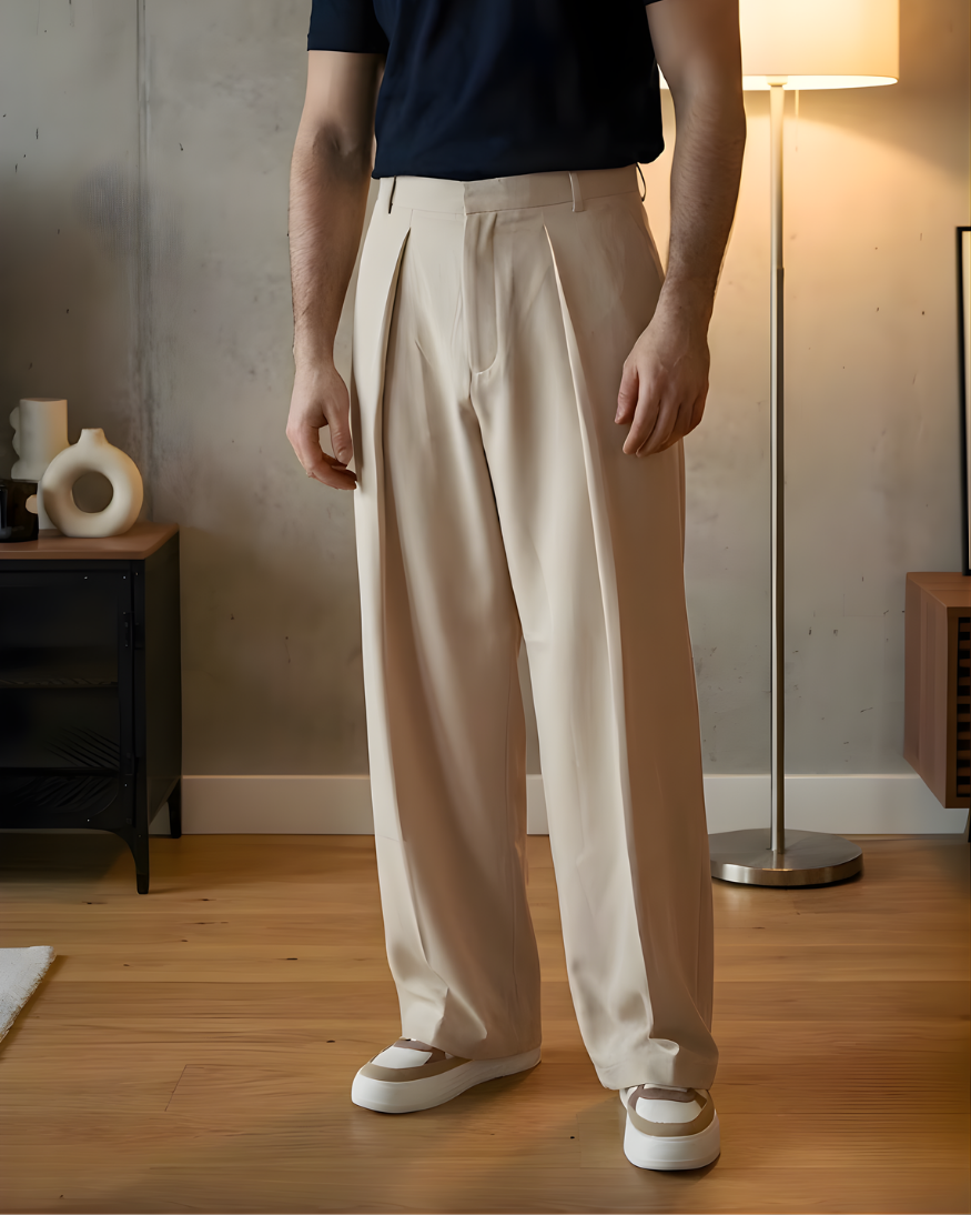 Korean-Style Loose Fit Pleated Beige Colour Pant