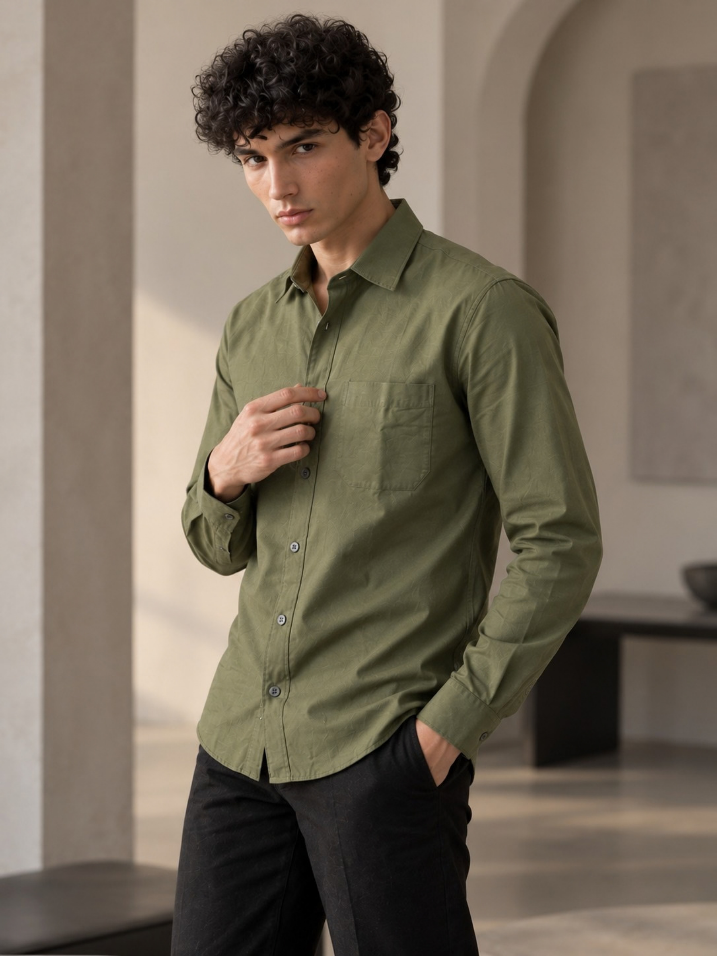 Olive Green Cotton Linen Shirt