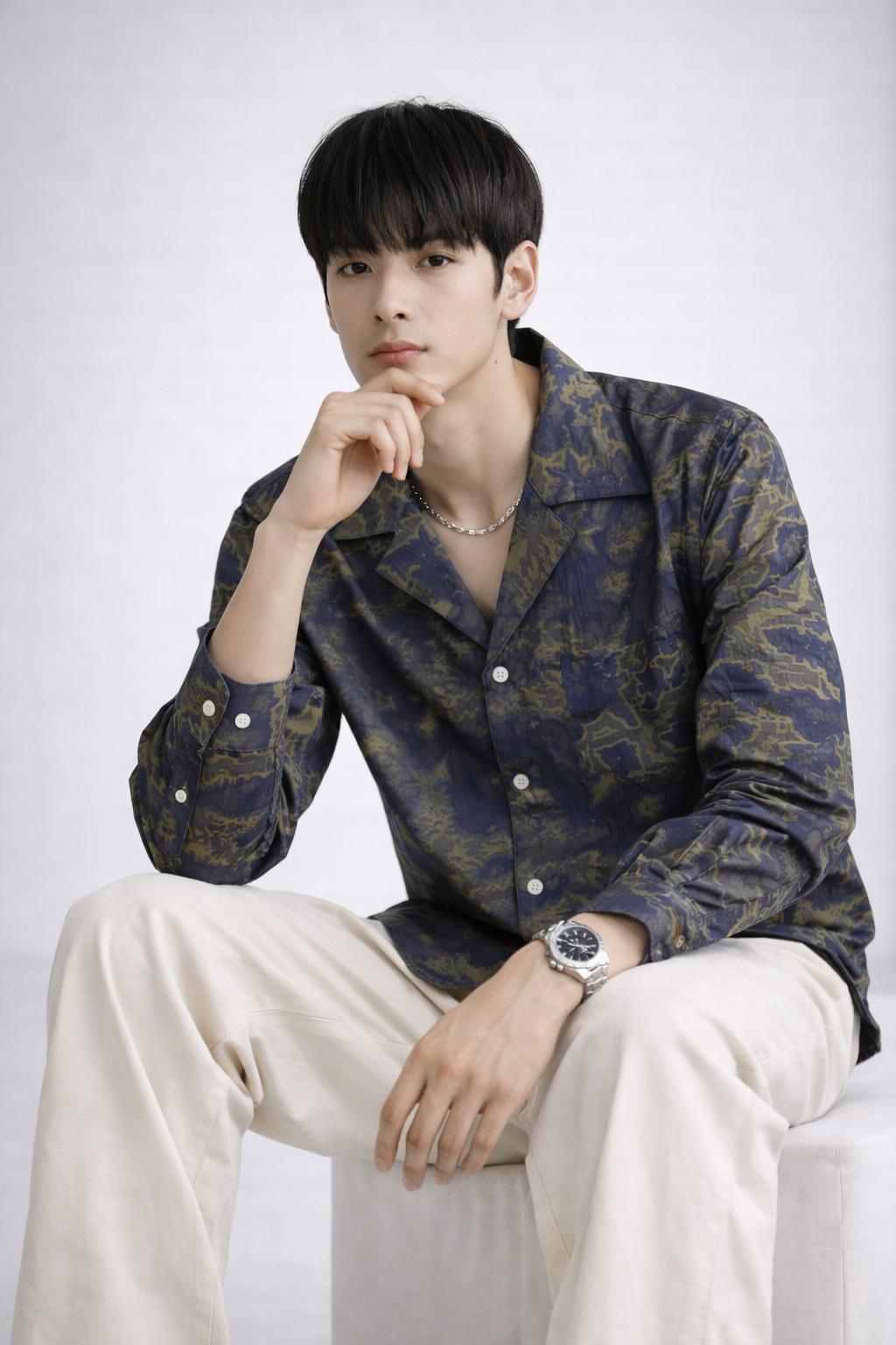 Navy Printed Jacquard Cuban Collar Shirt – Premium Statement Essential