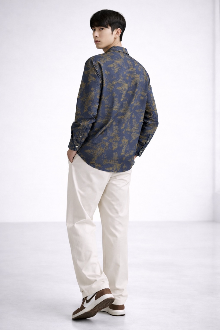 Navy Printed Jacquard Cuban Collar Shirt – Premium Statement Essential