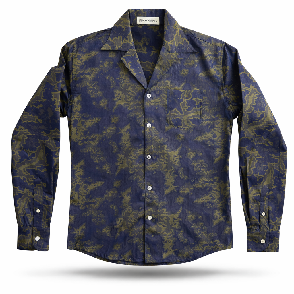 Navy Printed Jacquard Cuban Collar Shirt – Premium Statement Essential